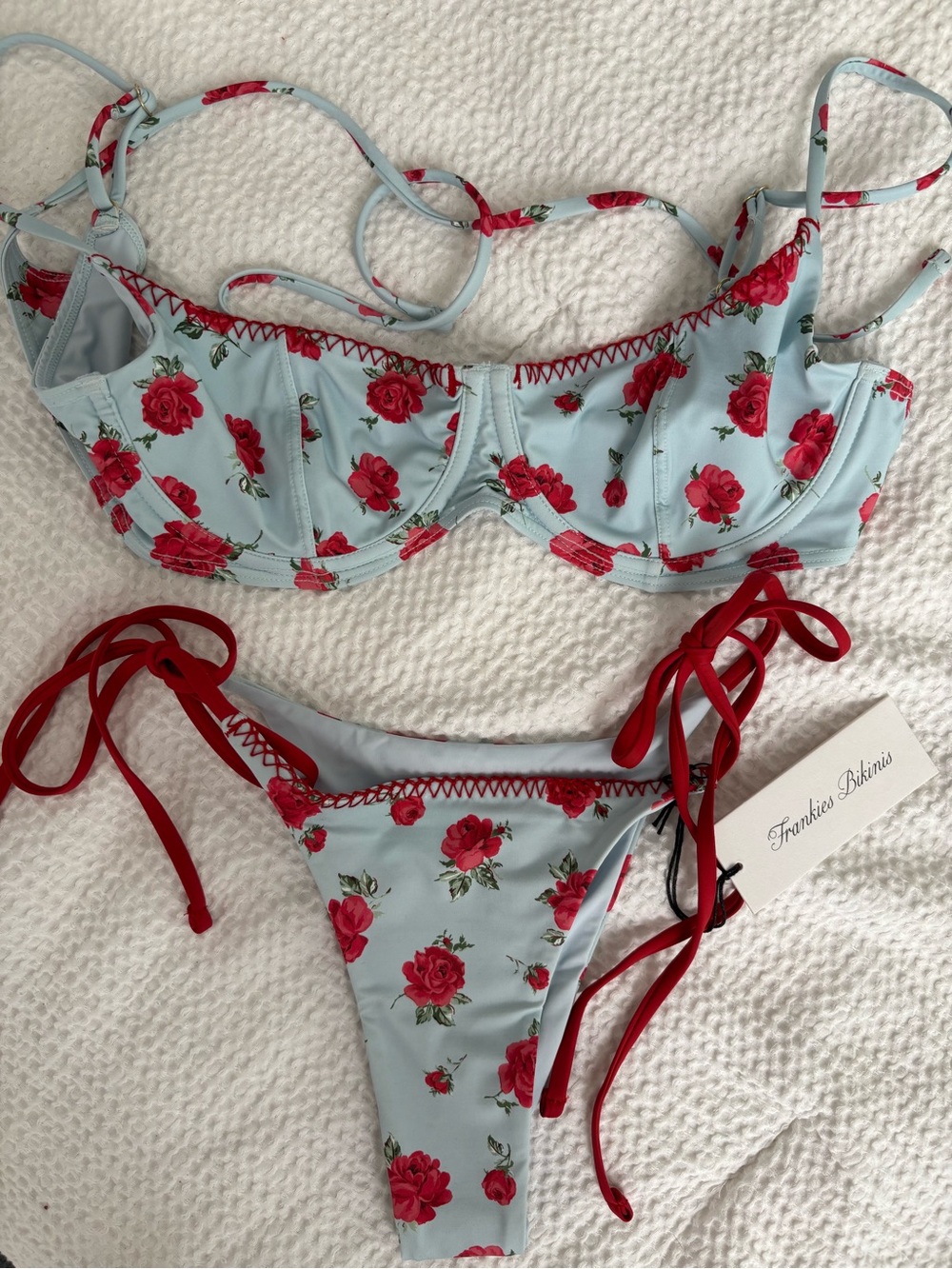 Frankie's Bikinis Light Blue Floral Bikini with Red Roses